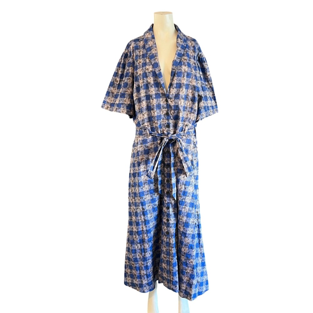 eShakti Blue Gingham Floral Cotton Button Front Midi Shirt Dress Pockets 3X 26W